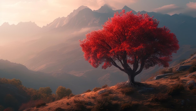 Uma majestosa árvore de mogno contra o fundo de uma montanha calma