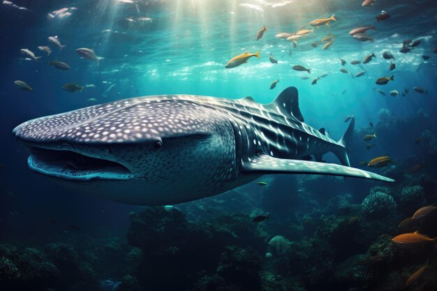 Uma majestosa baleia desliza graciosamente pelas águas do oceano em meio a um movimentado cardume de peixes tubarão-baleia nadando no oceano