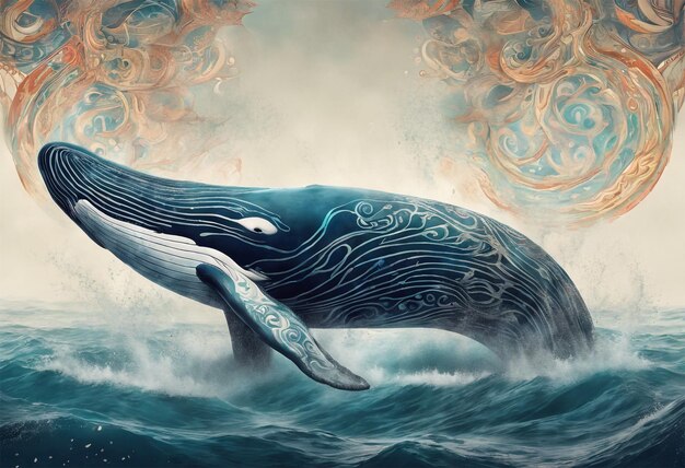 Uma majestosa baleia rompe a superfície do oceano sua pele adornada com padrões intrincados