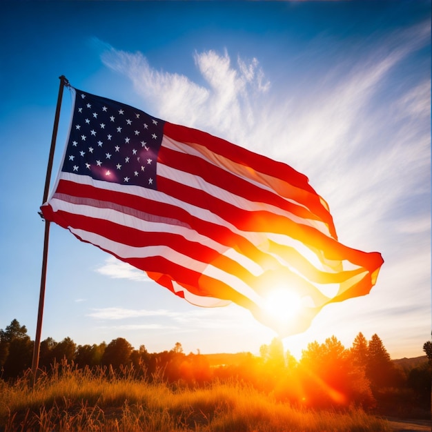 Uma majestosa bandeira americana balançando ao vento iluminada por um sol brilhante de verão