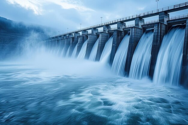 Uma majestosa barragem hidrelétrica com água em cascata gerando eletricidade limpa