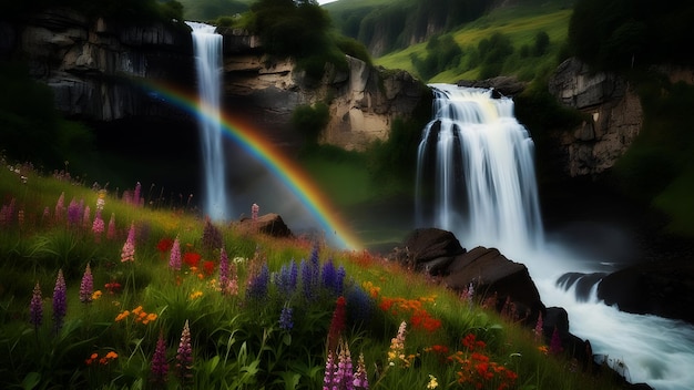 Uma majestosa cachoeira caindo em cascata de um penhasco rochoso cercado por vegetação exuberante e um arco-íris de selvagem