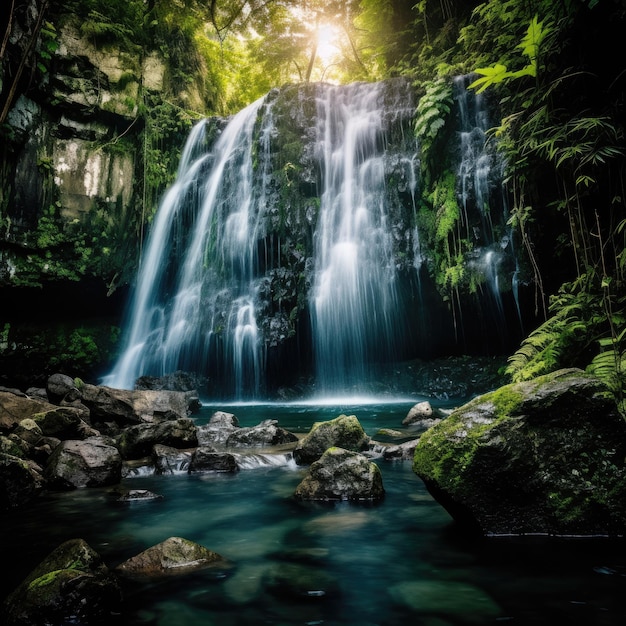 uma majestosa cachoeira cercada por vegetação exuberante em um ambiente sereno de floresta