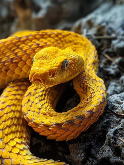 Foto uma majestosa cobra amarela enrola-se graciosamente em uma superfície rochosa, desfrutando do calor e da tranquilidade de seu habitat natural.