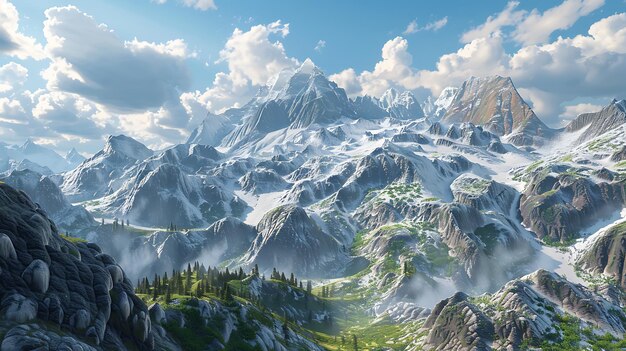 Uma majestosa cordilheira coberta de neve e gelo as montanhas estão à distância com um vale em primeiro plano