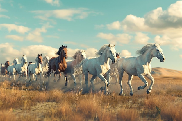 Uma majestosa manada de cavalos selvagens galopando através de um