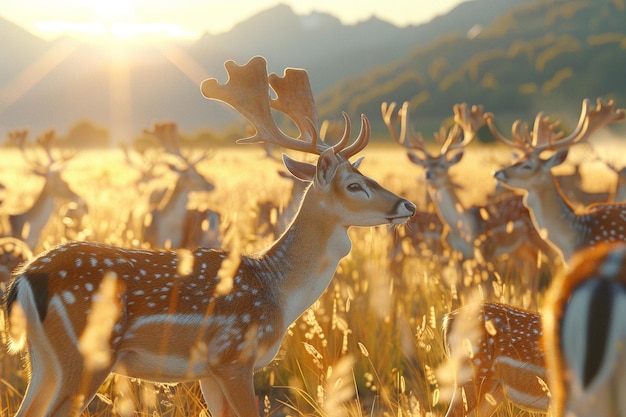 Uma majestosa manada de cervos a pastar num prado iluminado pelo sol.