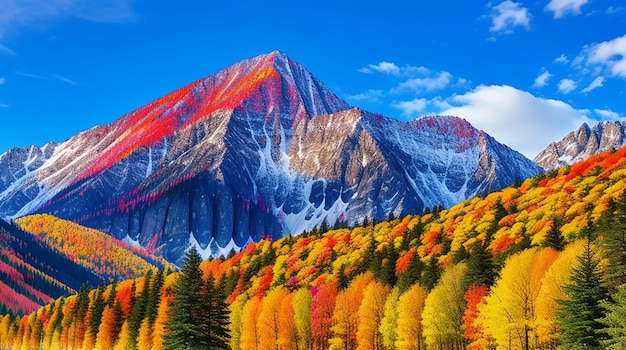 Uma majestosa montanha colorida em frente a árvores coloridas
