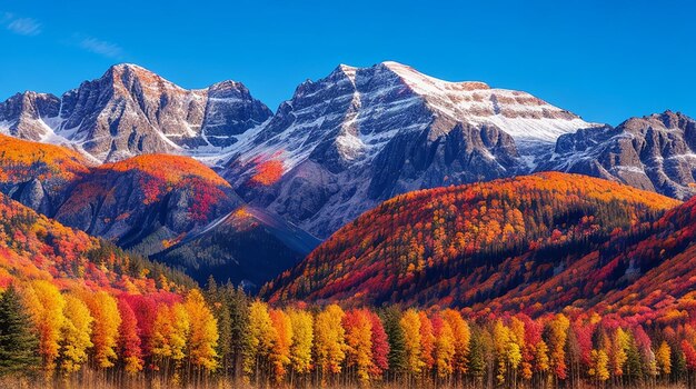 Uma majestosa montanha colorida em frente a árvores coloridas