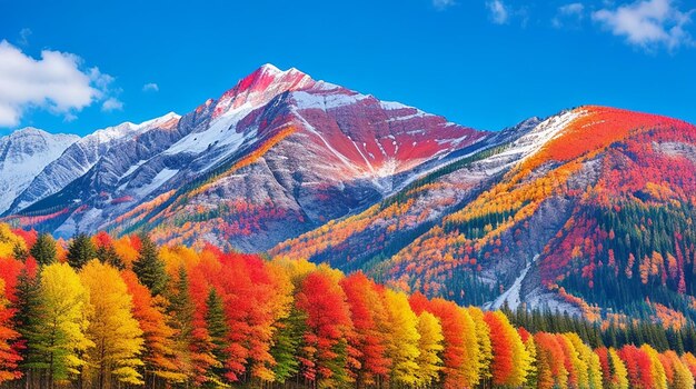 Uma majestosa montanha colorida em frente a árvores coloridas
