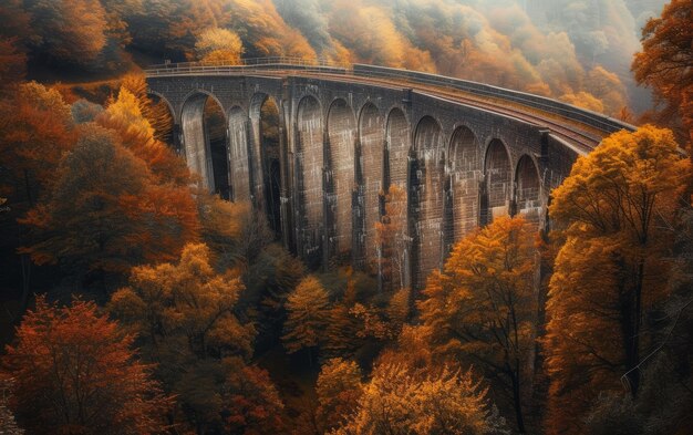 Uma majestosa ponte de viaduto atravessando uma floresta em pleno esplendor de outono