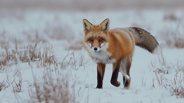 Uma majestosa raposa vermelha caminha pelo campo coberto de neve