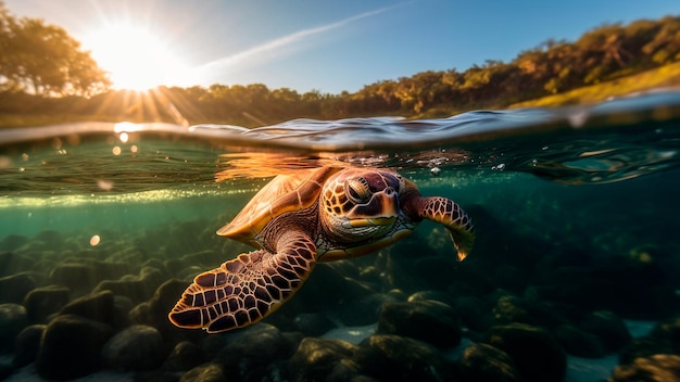 Uma majestosa tartaruga marinha navega no mundo subaquático vida marinha Generative AI