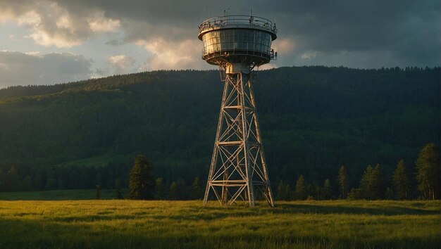 Uma majestosa torre de iluminação ergue-se no meio de um prado exuberante seus feixes brilhantes iluminando