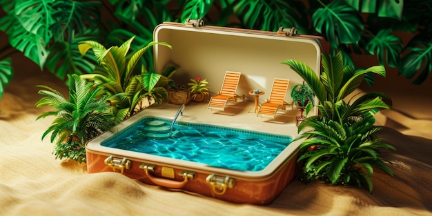Foto uma mala aberta mostrando uma luxuosa piscina de resort tropical