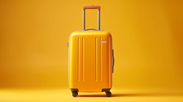 Uma mala amarela com uma alça que diz "viajar" nela.