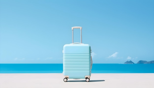Uma mala azul em uma praia com um céu azul ao fundo.