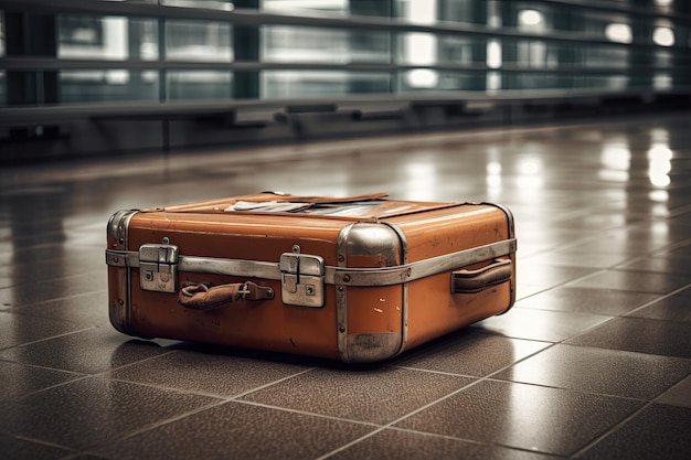 Uma mala extraviada ou perdida é vista abandonada em um terminal de aeroporto, possivelmente aguardando recuperação por seu proprietário Generative AI