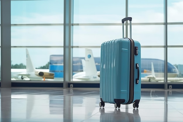 Uma mala no aeroporto com uma bolsa azul na frente