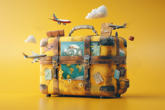 Uma maleta amarela vibrante contra um fundo amarelo cercada por aviões de brinquedo e nuvens de algodão caprichosas