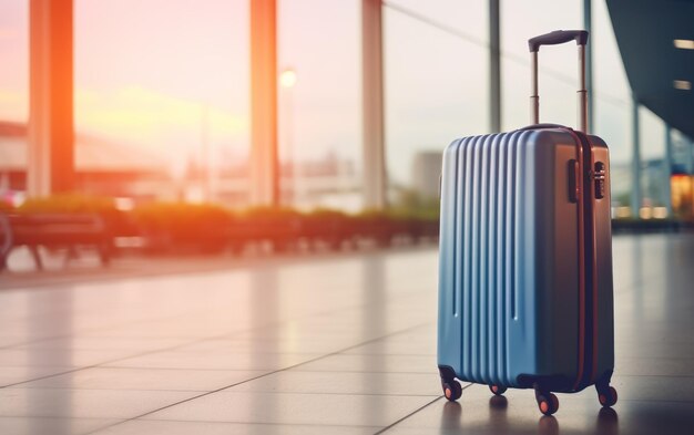 Uma maleta de viagem azul vibrante está em um terminal de aeroporto desfocado