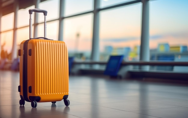 Uma maleta de viagem azul vibrante está em um terminal de aeroporto desfocado