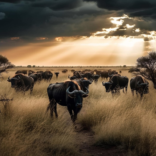Uma manada de búfalos em um campo com o sol brilhando por entre as nuvens
