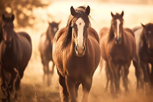 Uma manada de cavalos a correr na natureza.