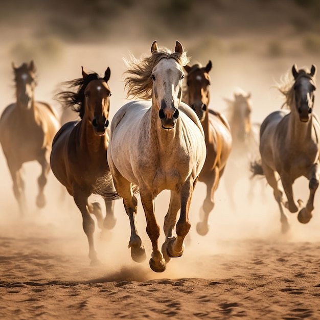 Uma manada de cavalos a correr no deserto com a palavra cavalos na frente.