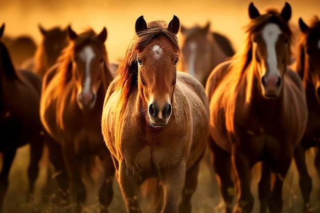 Uma manada de cavalos a correr num campo.