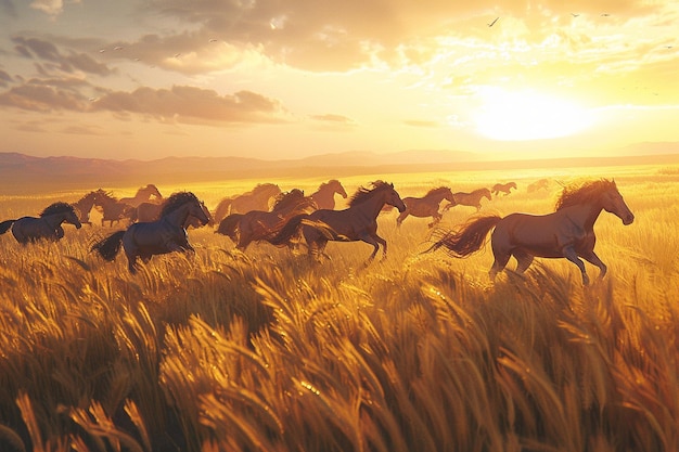 Uma manada de cavalos a galopar através de um campo de trigo dourado