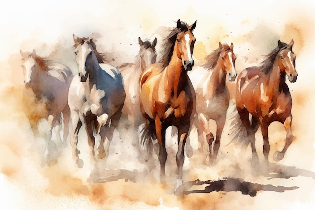 Uma manada de cavalos brancos e marrons galopando Pintura em Aquarela