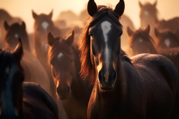 Uma manada de cavalos com o sol atrás deles