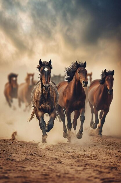 uma manada de cavalos correndo em um campo de terra