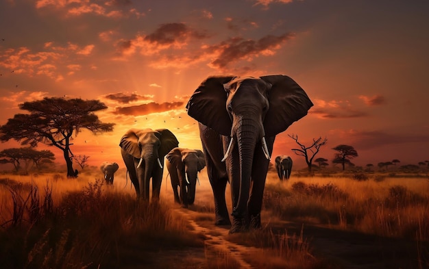 Uma manada de elefantes atravessando um campo coberto de grama AI