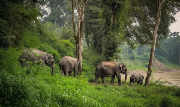 Uma manada de elefantes caminhando por uma floresta.