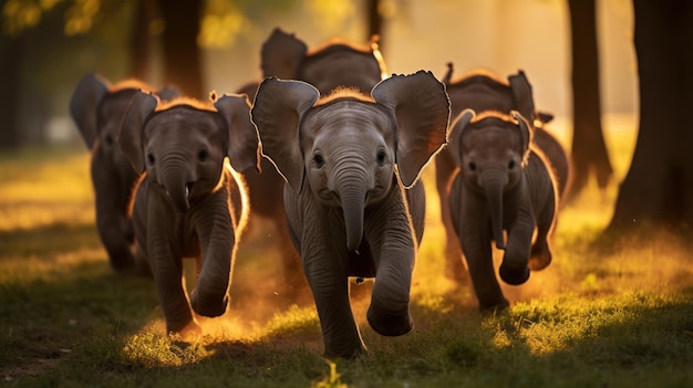 Foto uma manada de elefantes fofos correndo e brincando na grama verde do parque