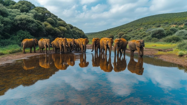 Foto uma manada de elefantes liderada por um touro magnificent 39tusker 39 em um poço de água