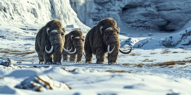 Uma manada de mamutes da Idade do Gelo pré-histórica vagueia pela tundra ártica.