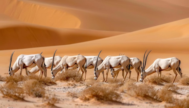 Uma manada de oryx árabe selvagem pastando na escassa vegetação do deserto misturando-se com a areia