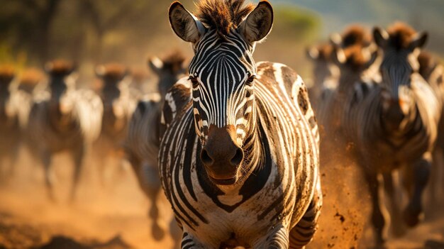 Foto uma manada de zebras a correr por um campo poeirento