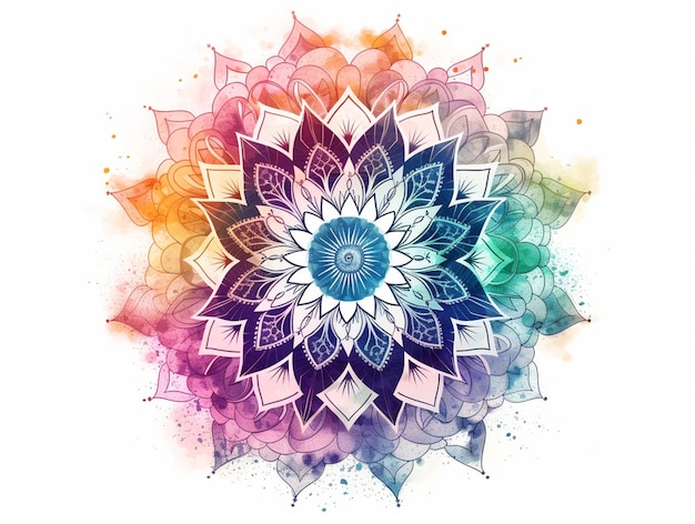 Uma mandala colorida com um padrão de arco-íris no fundo de salpicos de aquarela. ilustração stock