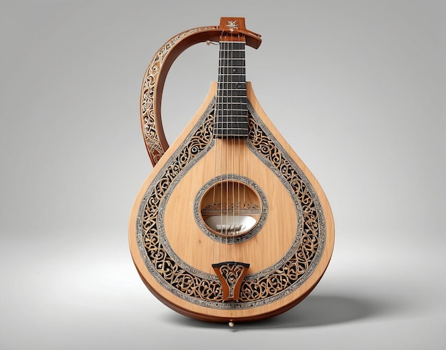 Foto uma mandolina de madeira com um desenho esculpido no pescoço