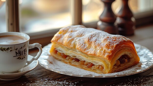 Foto uma manhã aconchegante com strudel de maçã caseiro e café latte art