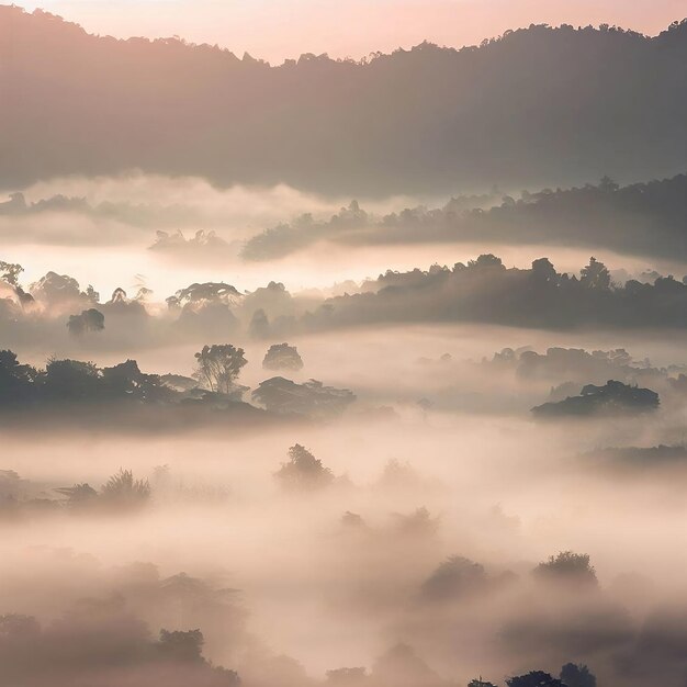 Uma manhã enevoada nas montanhas de luang prabang, laos