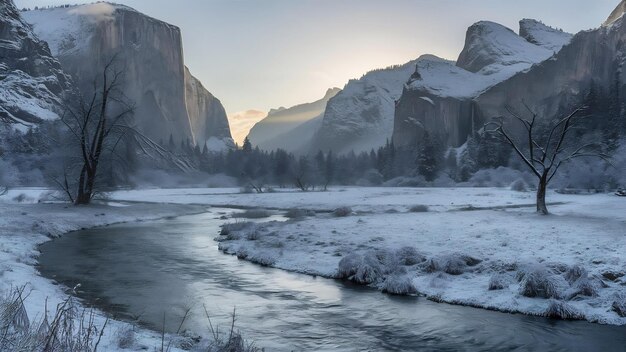 Foto uma manhã no vale de yosemite no inverno