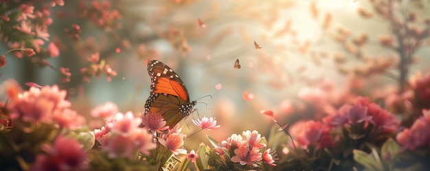 Uma manhã serena de Páscoa Uma borboleta solitária dança Entre as flores em flor numa primavera exuberante