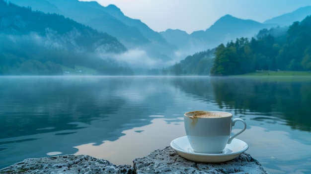 Uma manhã tranquila ao lado do lago com uma xícara de café vaporizado cercada por montanhas nebulosas e