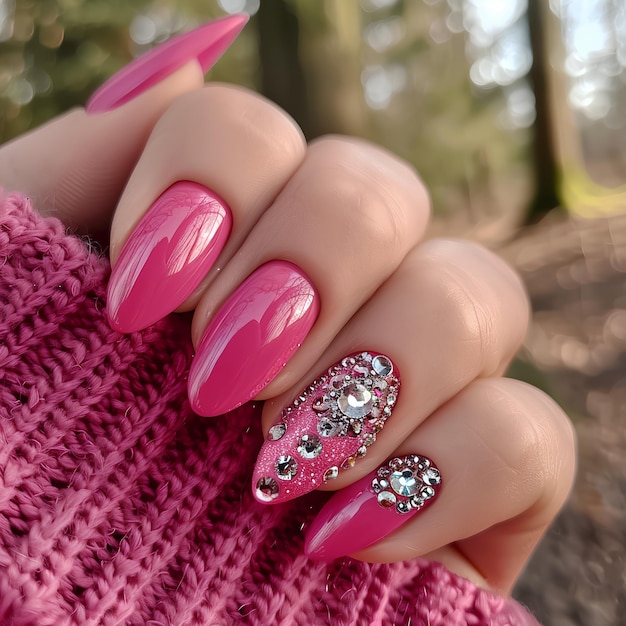 Foto uma manicure rosa com strass