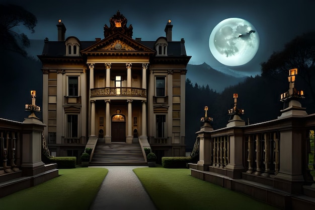 Uma mansão assombrada com uma lua cheia ao fundo